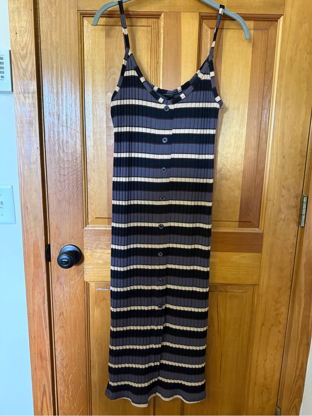 wild fable Black and Cream Striped Rib-Knit Button-Front Midi Dress